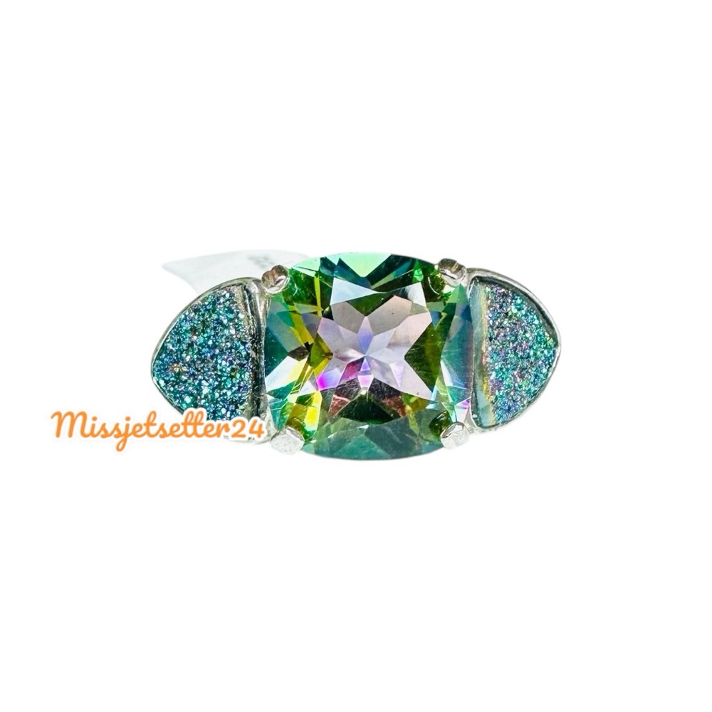 Mystic Rainbow Topaz & Druzy ring Sterling Silver 925 Signed HSN Gemstone Size 5